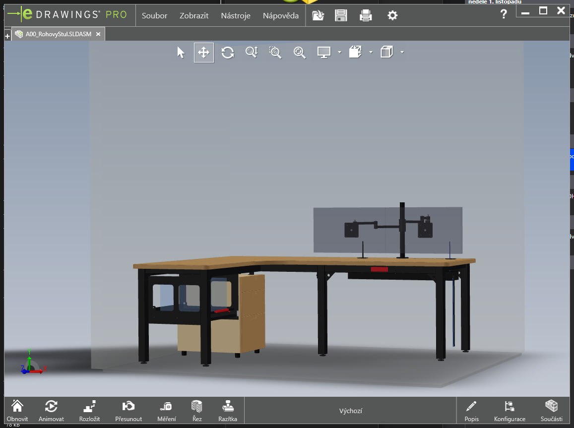 Parametrická sestava rohového stolu v SolidWorks otevřená v eDrawings